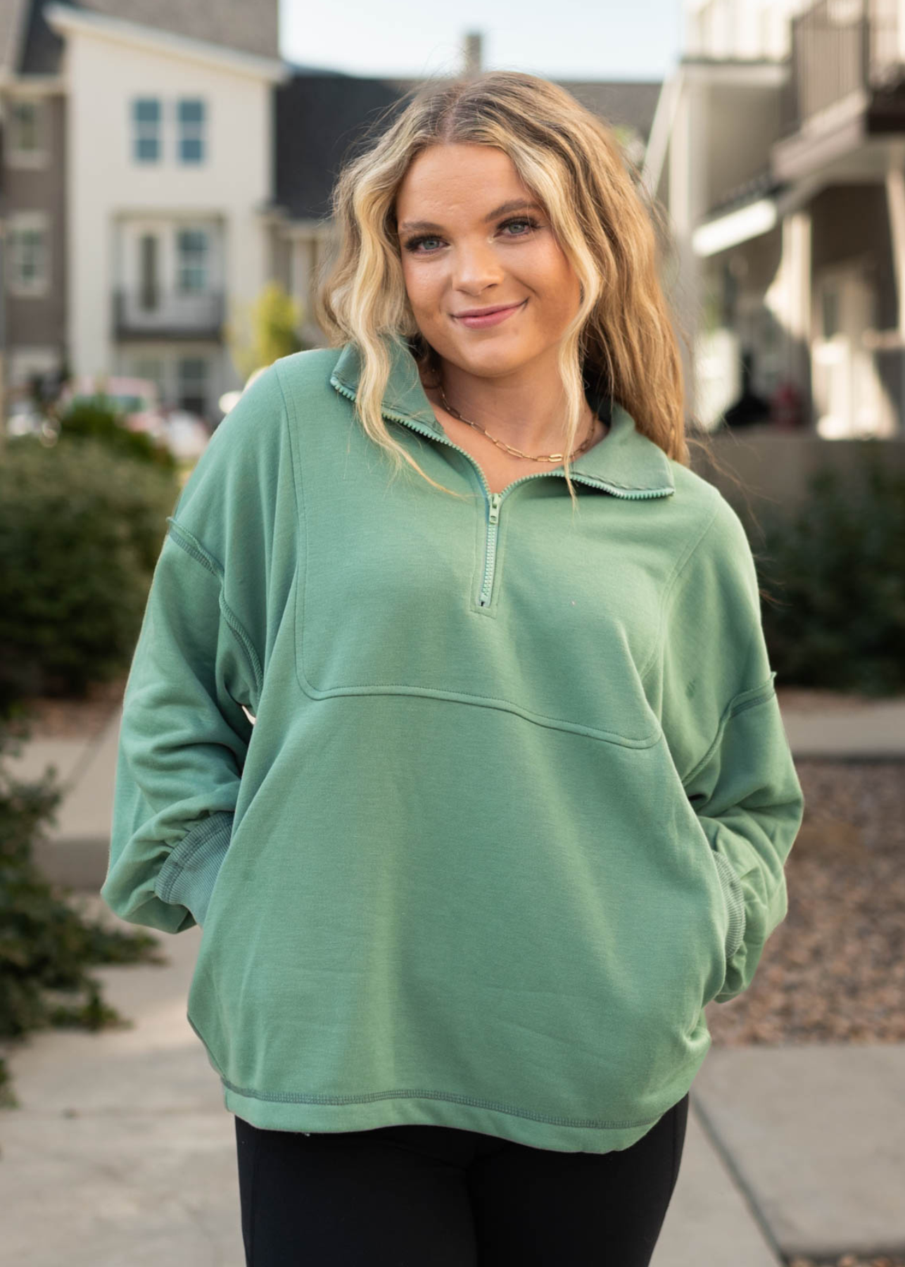 Zipper at the neck dark sage pullover