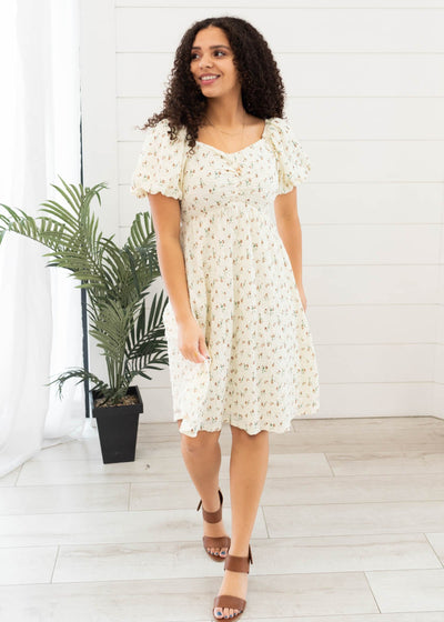 Sweetheart square neck cream floral printed dress