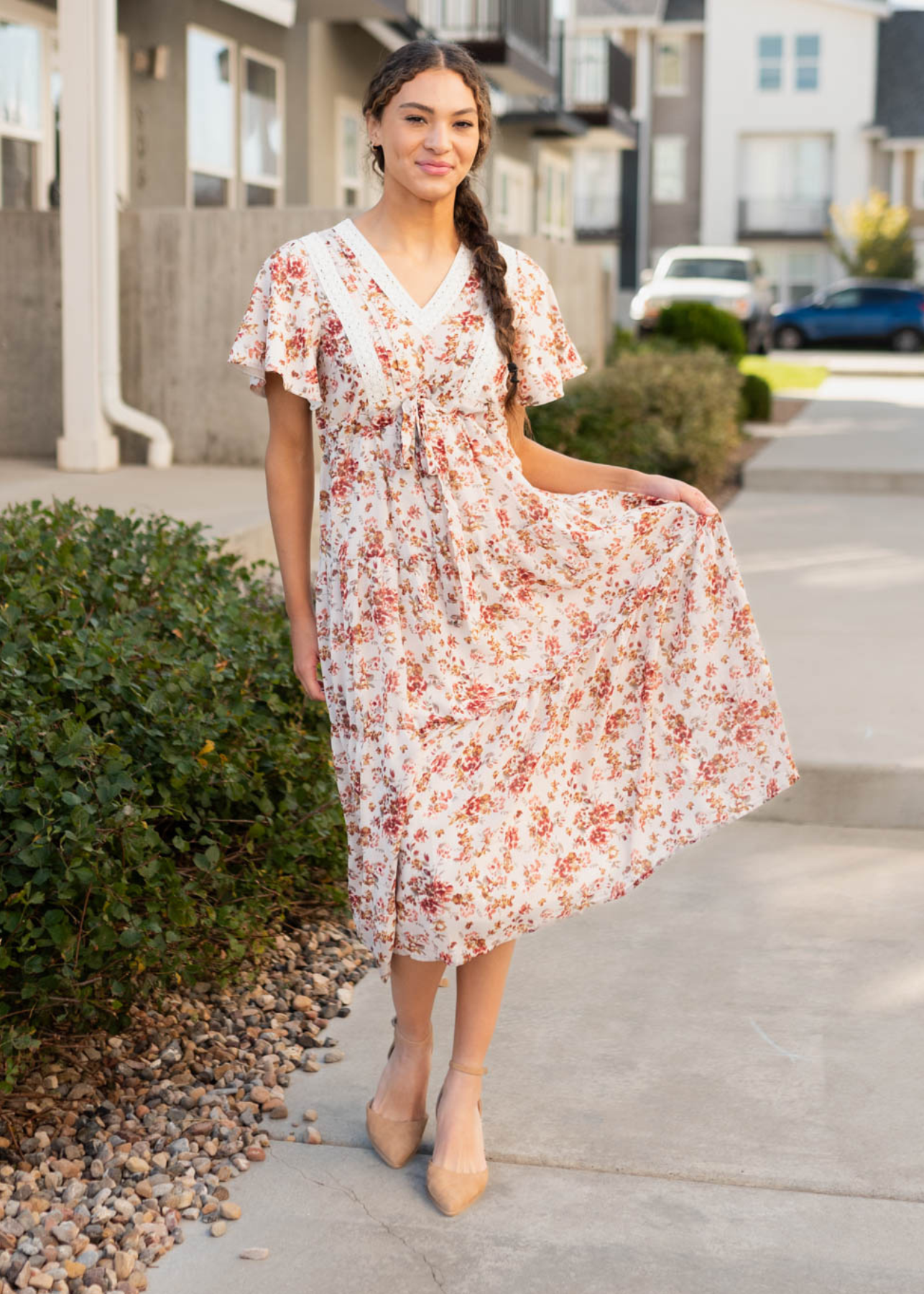 Cream floral tiered dress with lace on the bodice