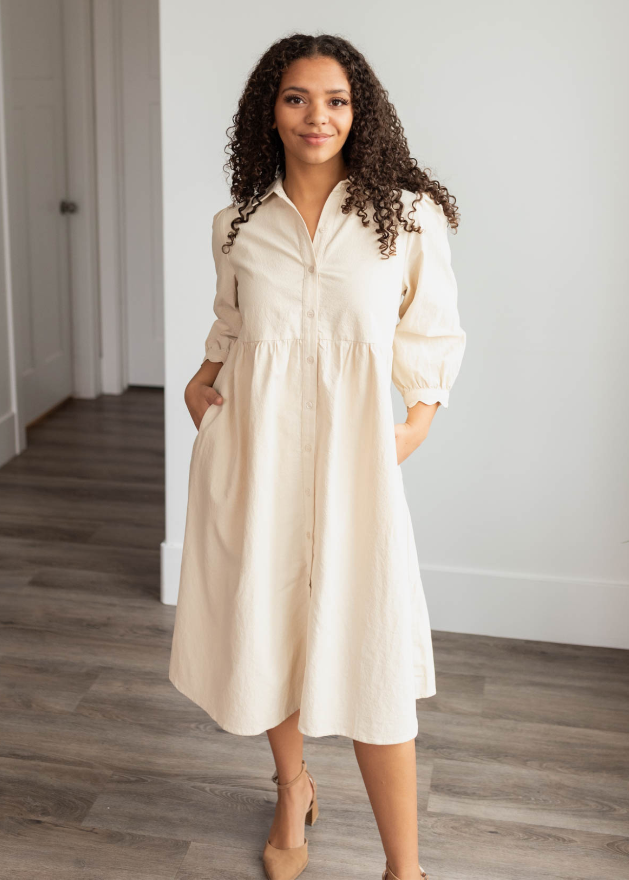 Long sleeve beige button down dress