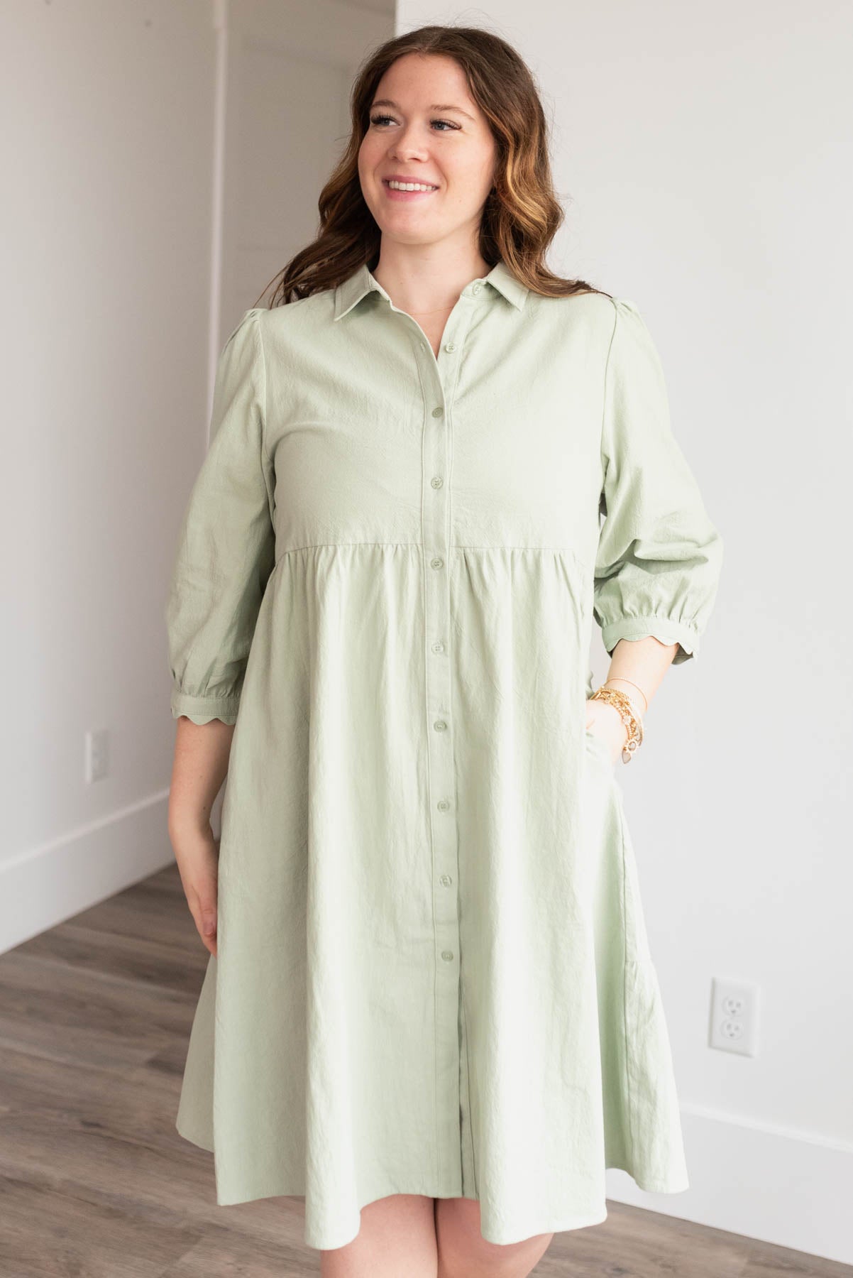 Green button down dress with pockets in plus size