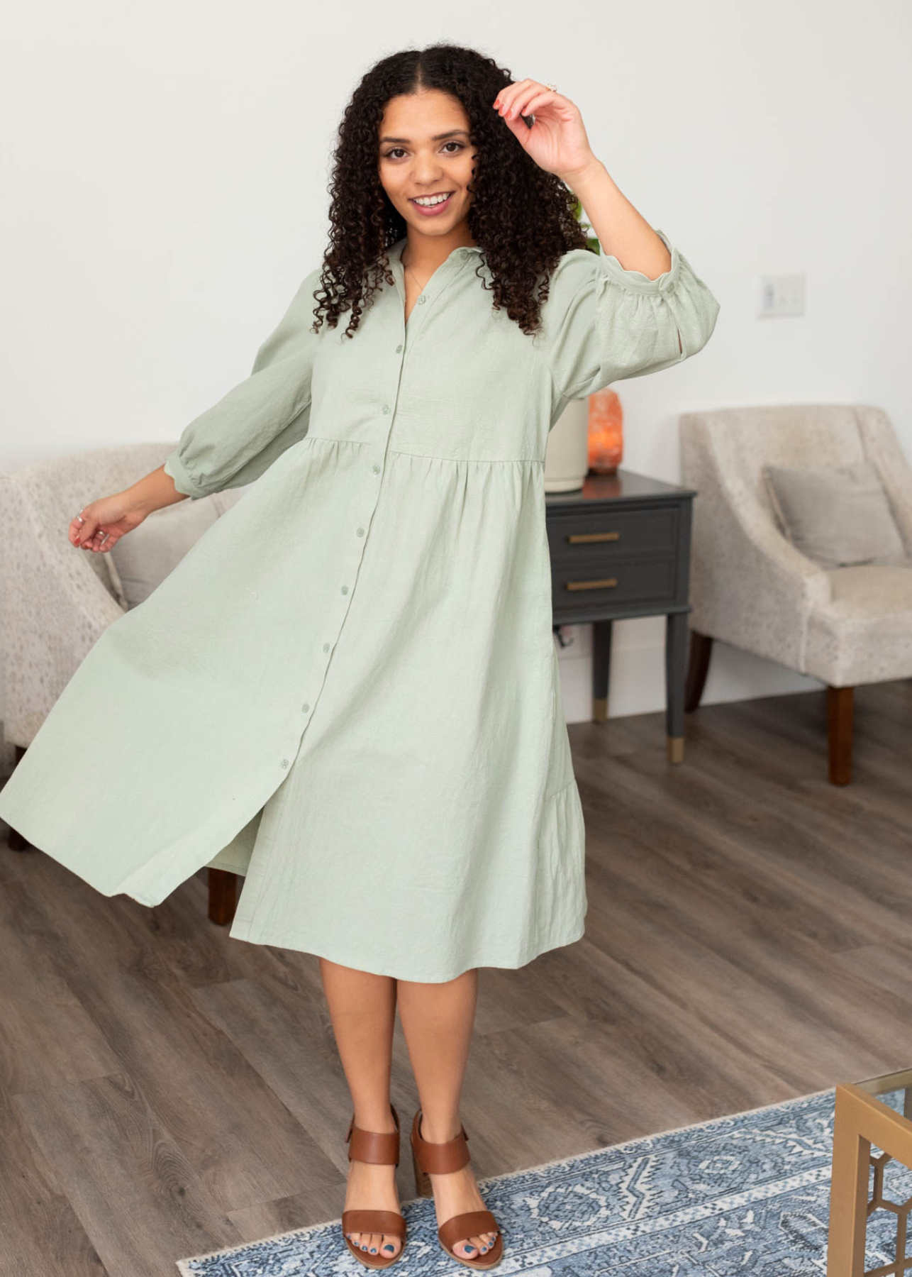 Thee quater sleeve sage button down dress