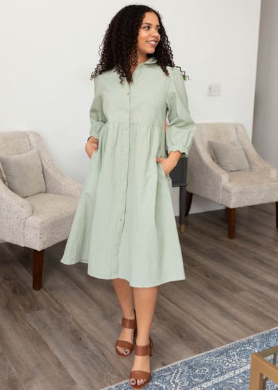 Sage button down dress with pockets