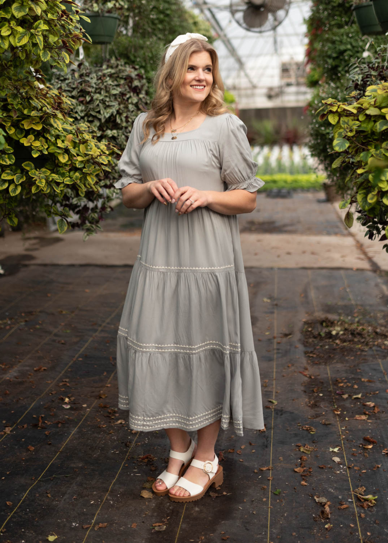 Short sleeve cool jade embroidered tiered dress with a square neck