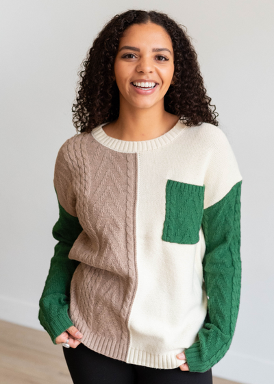 Green color block sweater with drop sleeve