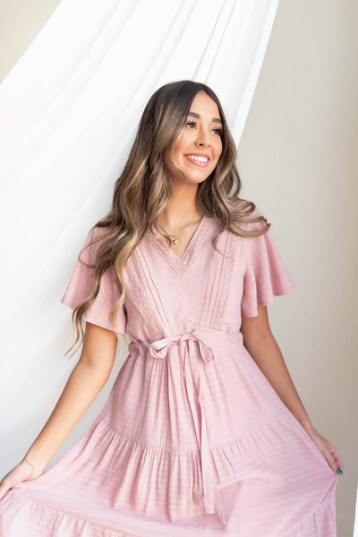 Short sleeve blush textured tiered dress