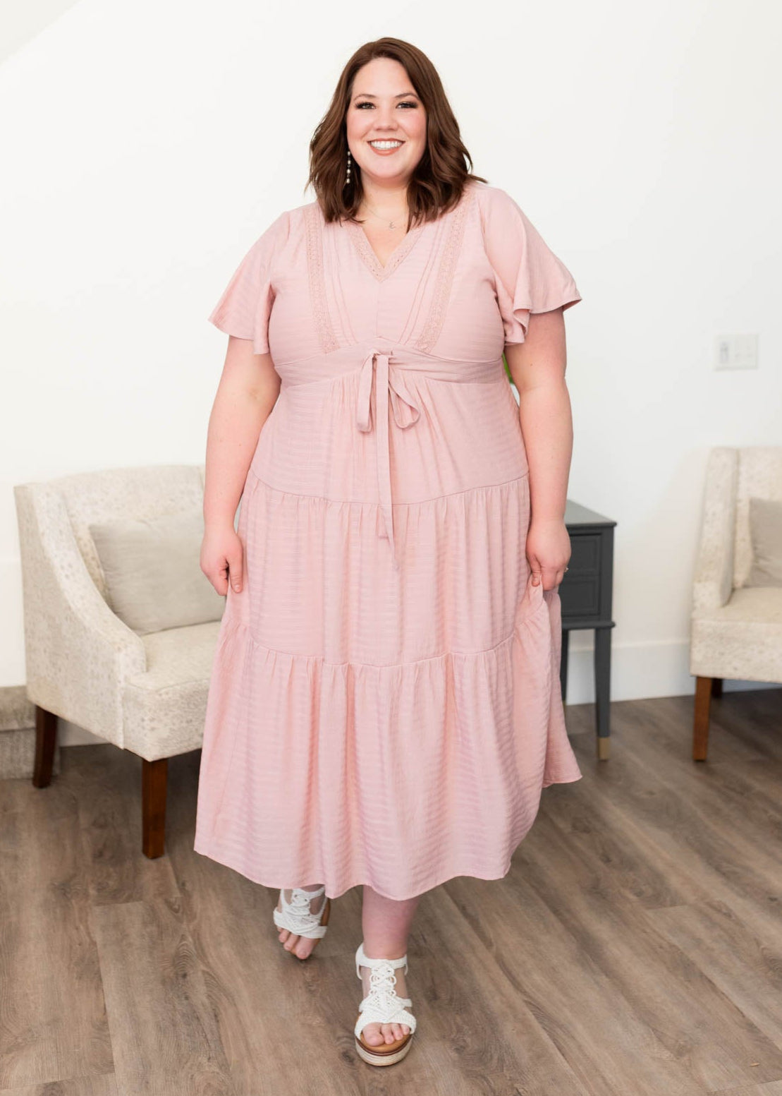 Plus size blush textured tiered dress with flutter sleeves