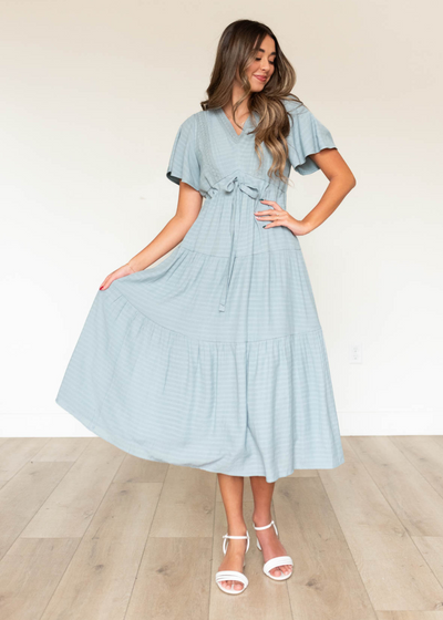 Short sleeve dusty blue textured tiered dress