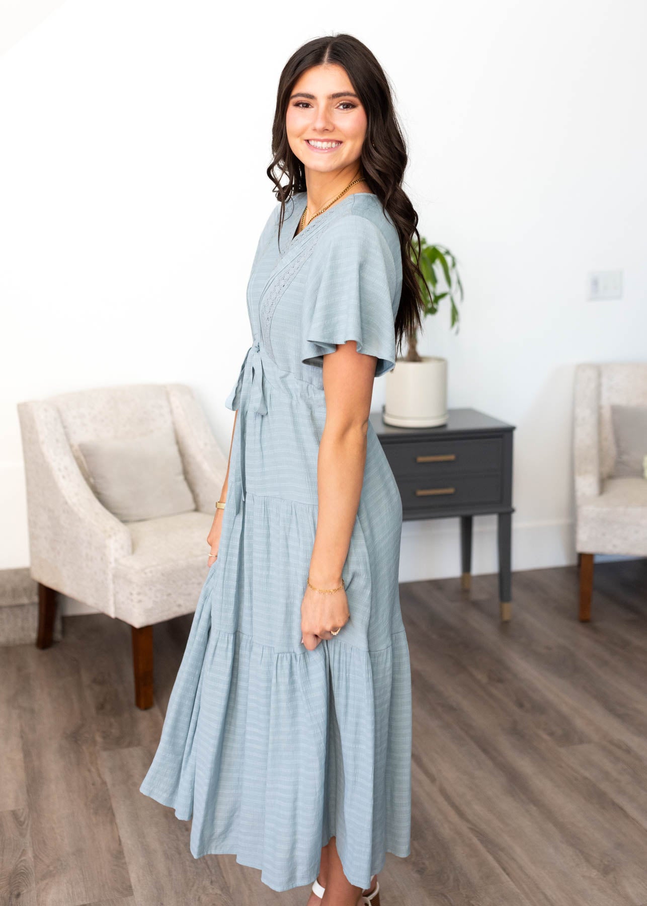 Emilee Dusty Blue Textured Tiered Dress