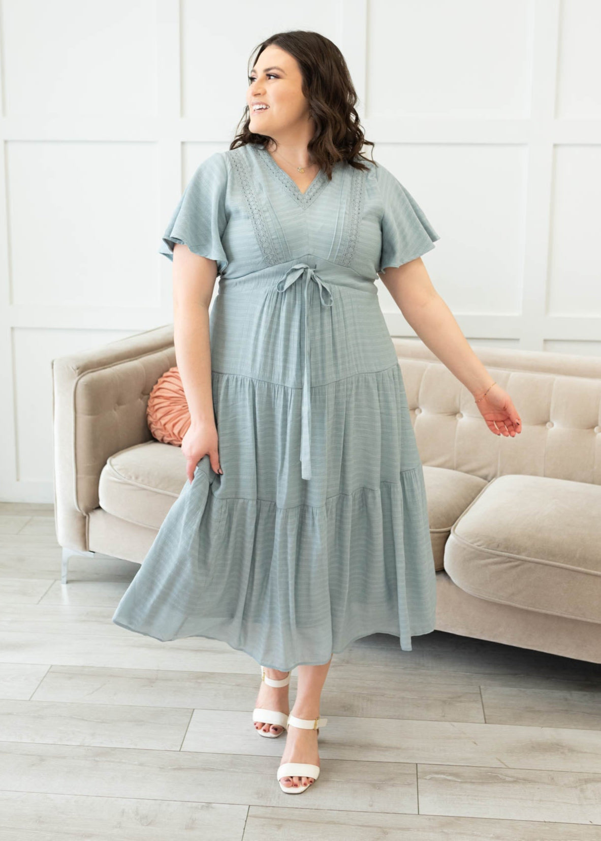 Emilee Dusty Blue Textured Tiered Dress