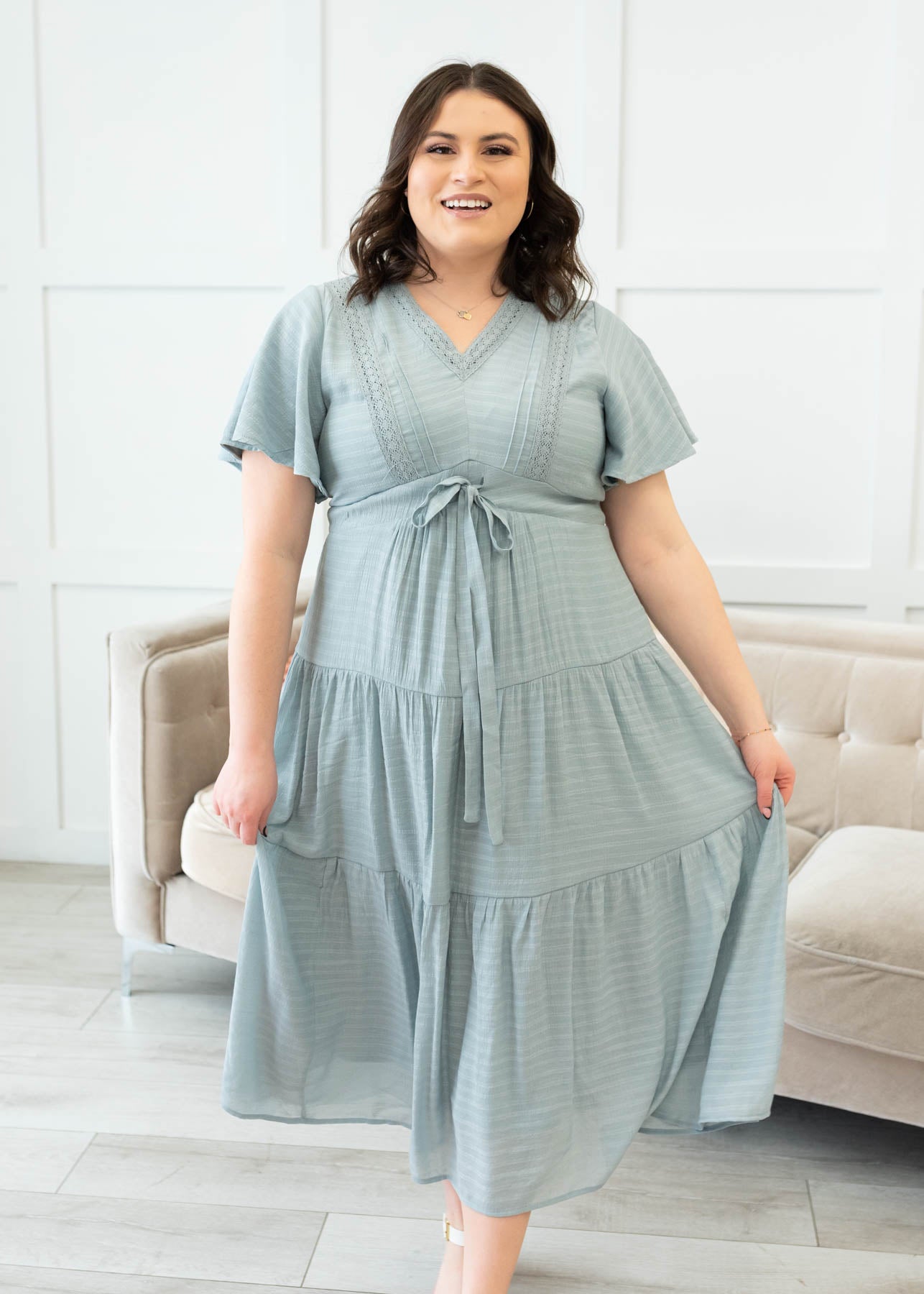 Emilee Dusty Blue Textured Tiered Dress