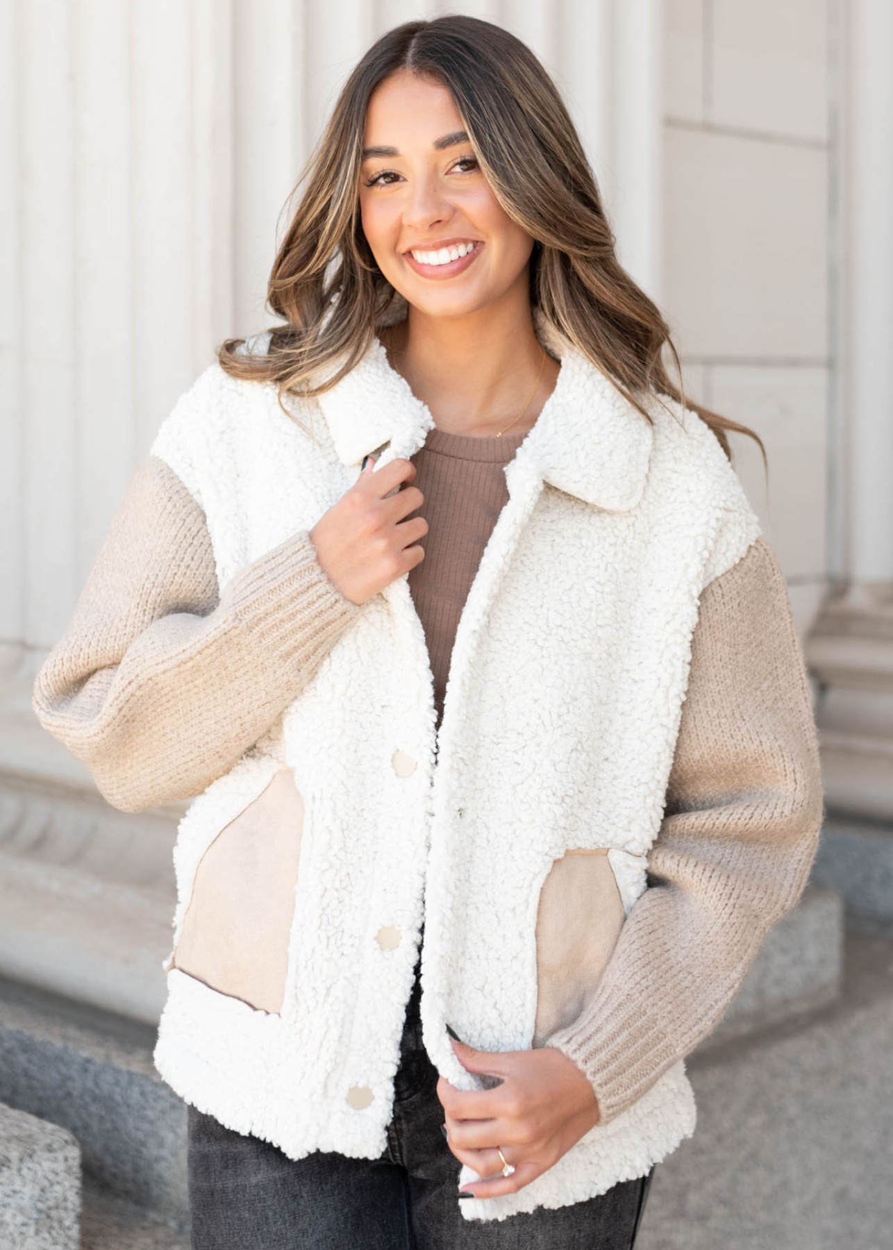 Long sleeve taupe fur sueded jacket