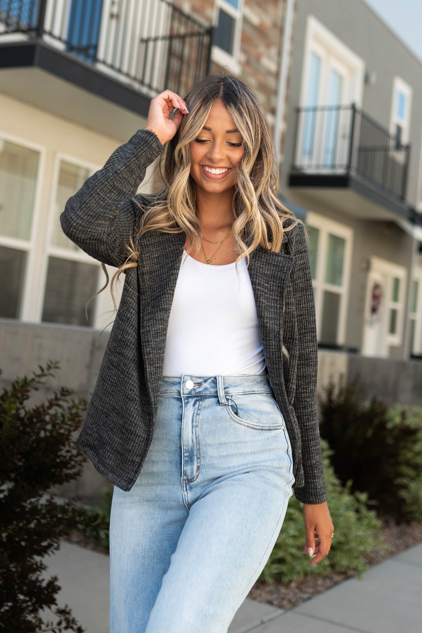 Charcoal blazer with heathered fabric pattern