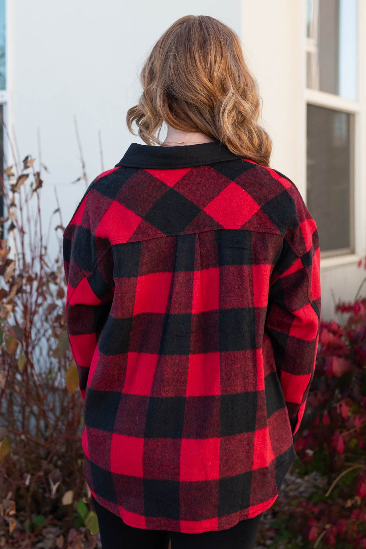 Back view of a buffalo check top