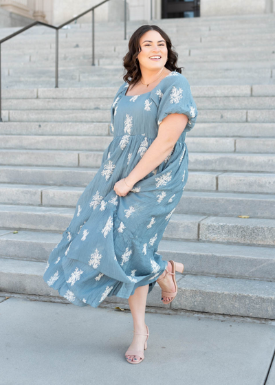 Plus size dusty blue embroidered dress