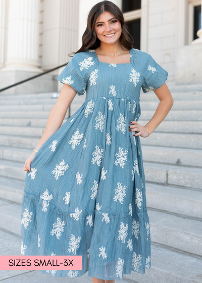 Square neck dusty blue embroidered dress