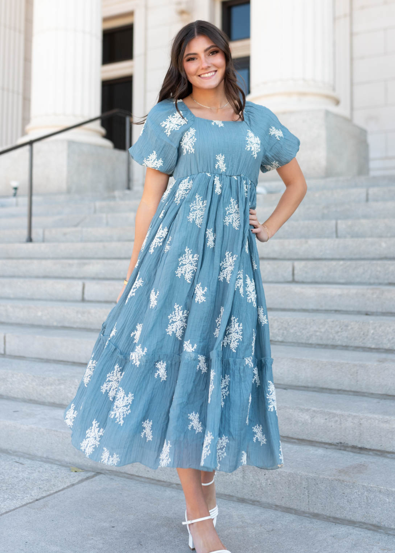 Dusty blue embroidered dress with short sleeves