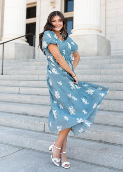 Dusty blue embroidered dress