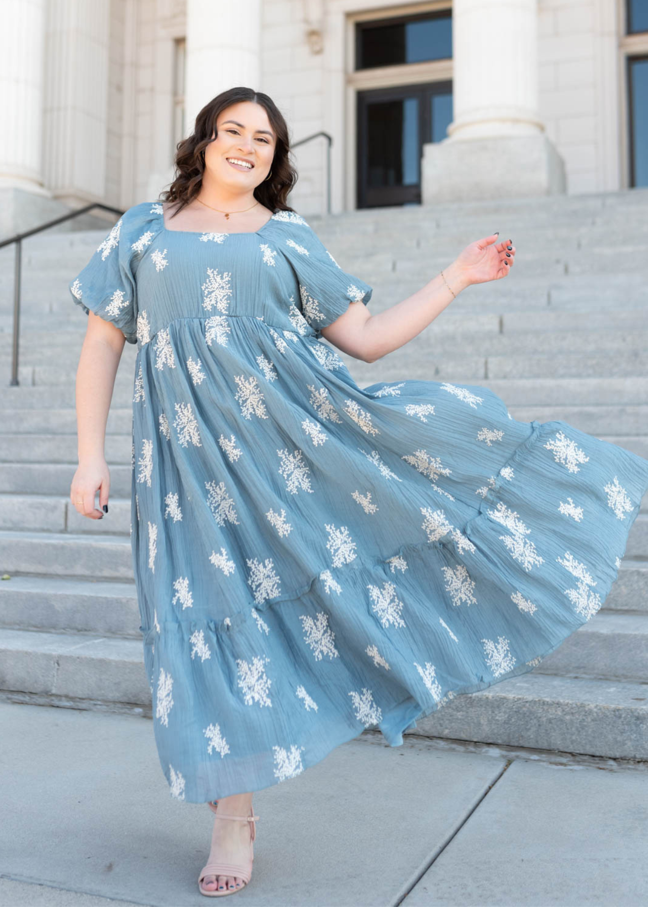 Plus size ivory flowers on a dusty blue embroidered dress