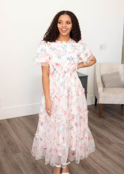 Pink floral mesh dress with short sleeves