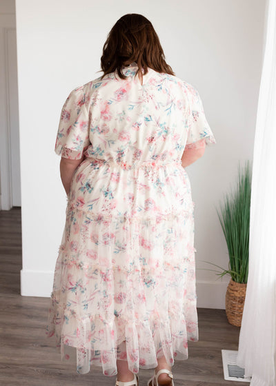 Back view of the plus size pink floral mesh dress