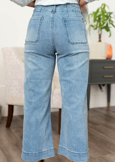 Back view of the dark denim pants