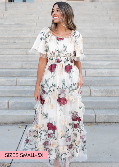 Front view of the cream floral mesh dress