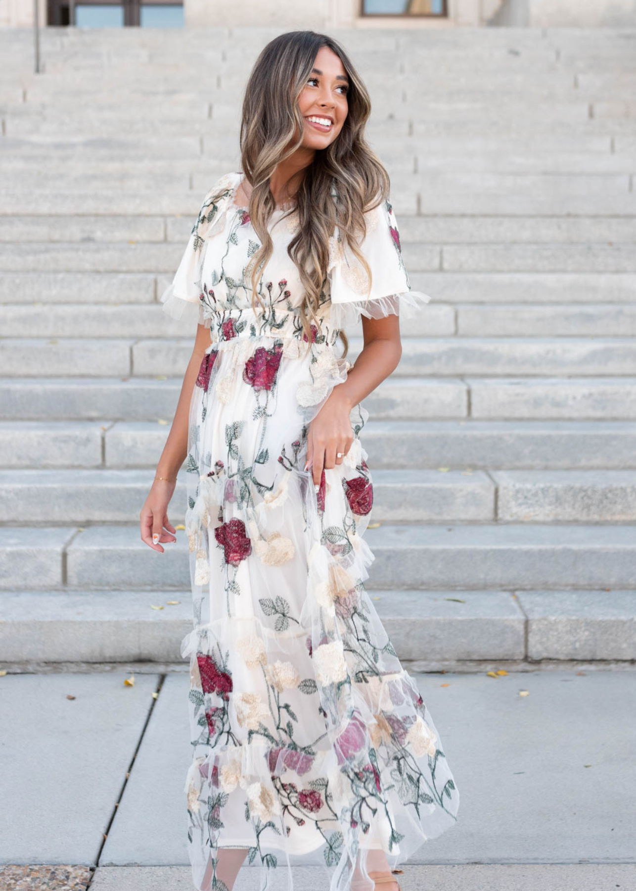 Cream floral mesh dress with embroidered flowers