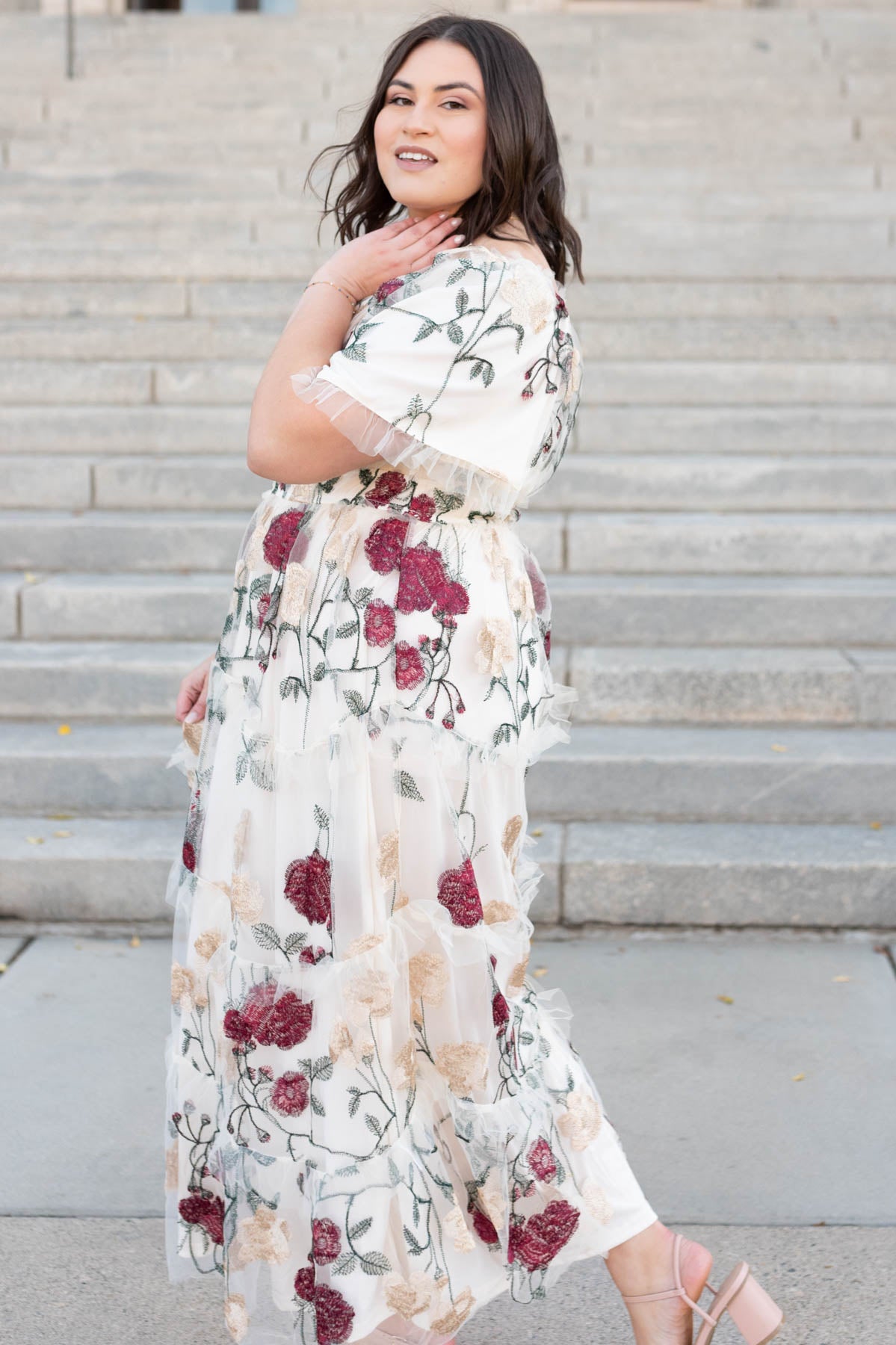 Side view of the cream floral mesh dress