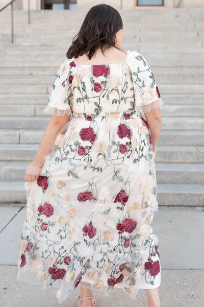 Back view of the plus size cream floral mesh dress