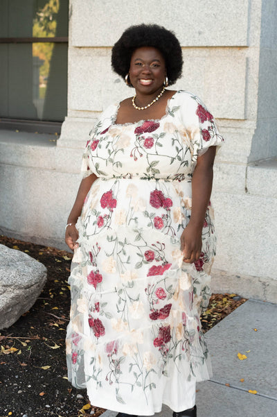 Plus size cream floral mesh dress with a square neck and short sleeves