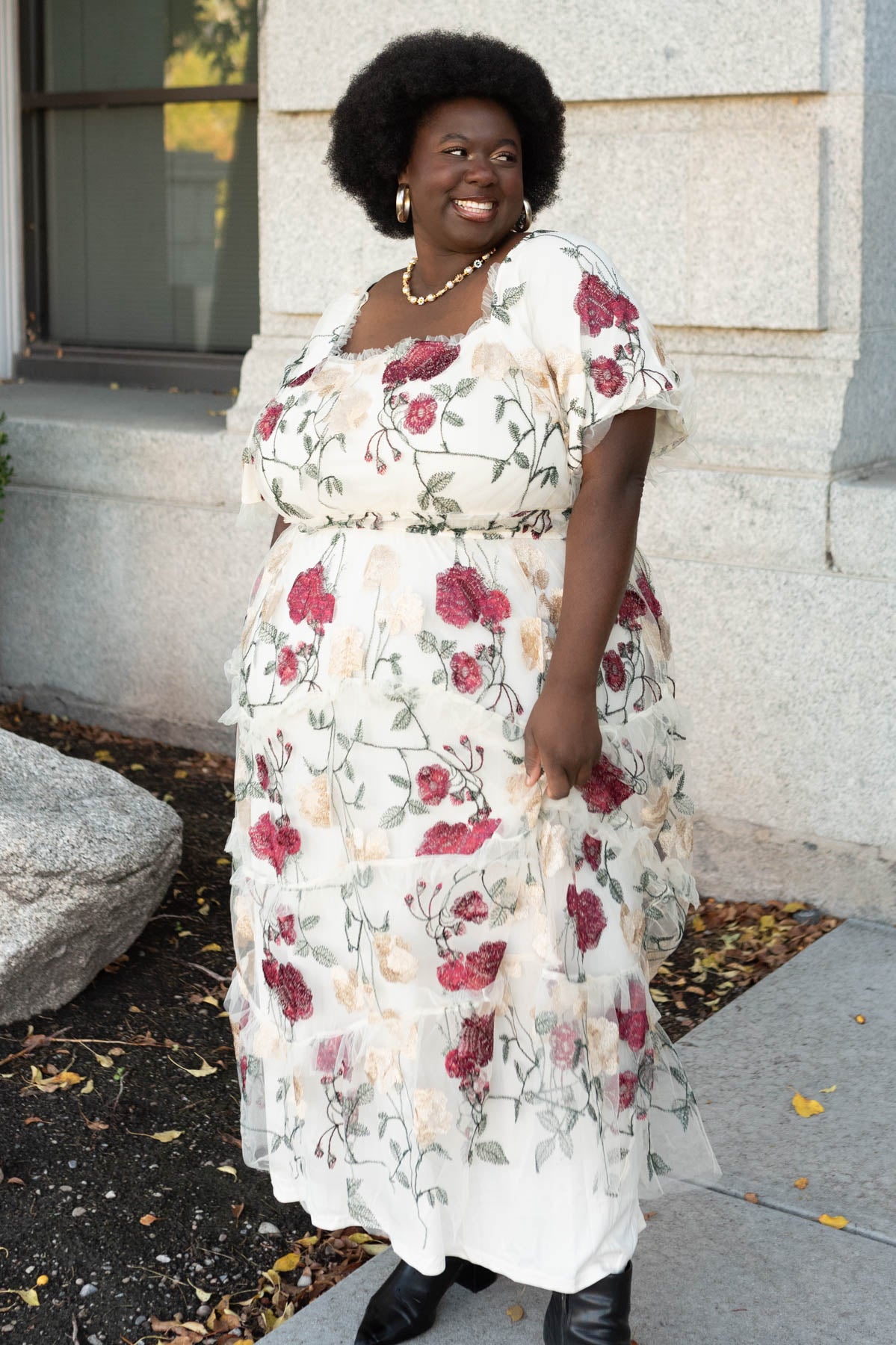 Cream floral mesh dress in plus size