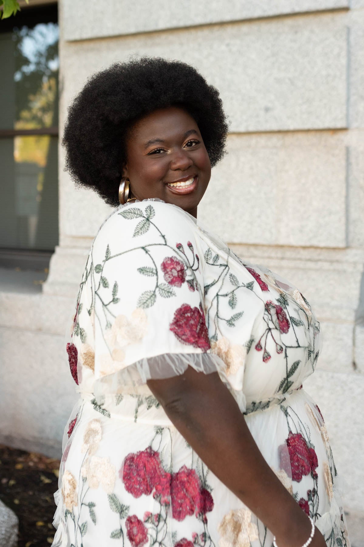 Side view of the cream floral mesh dress in plus size