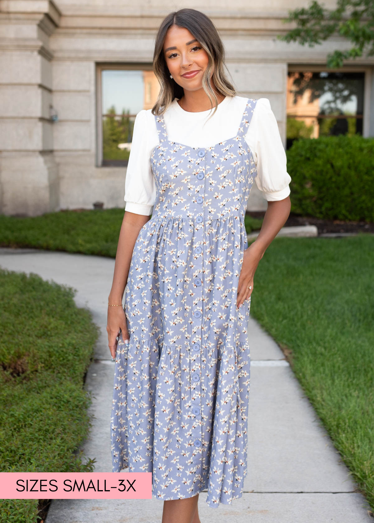 Dusty blue jumper dress that buttons up the front