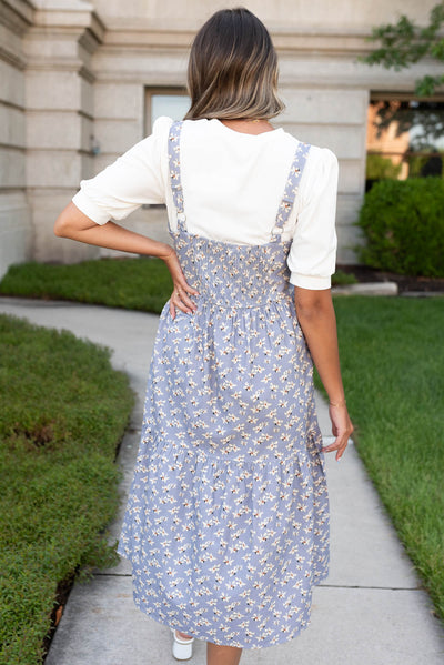 Back view of the dusty blue jumper dress