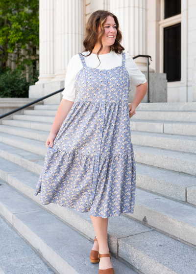 Plus size dusty blue jumper dress with tiered skirt