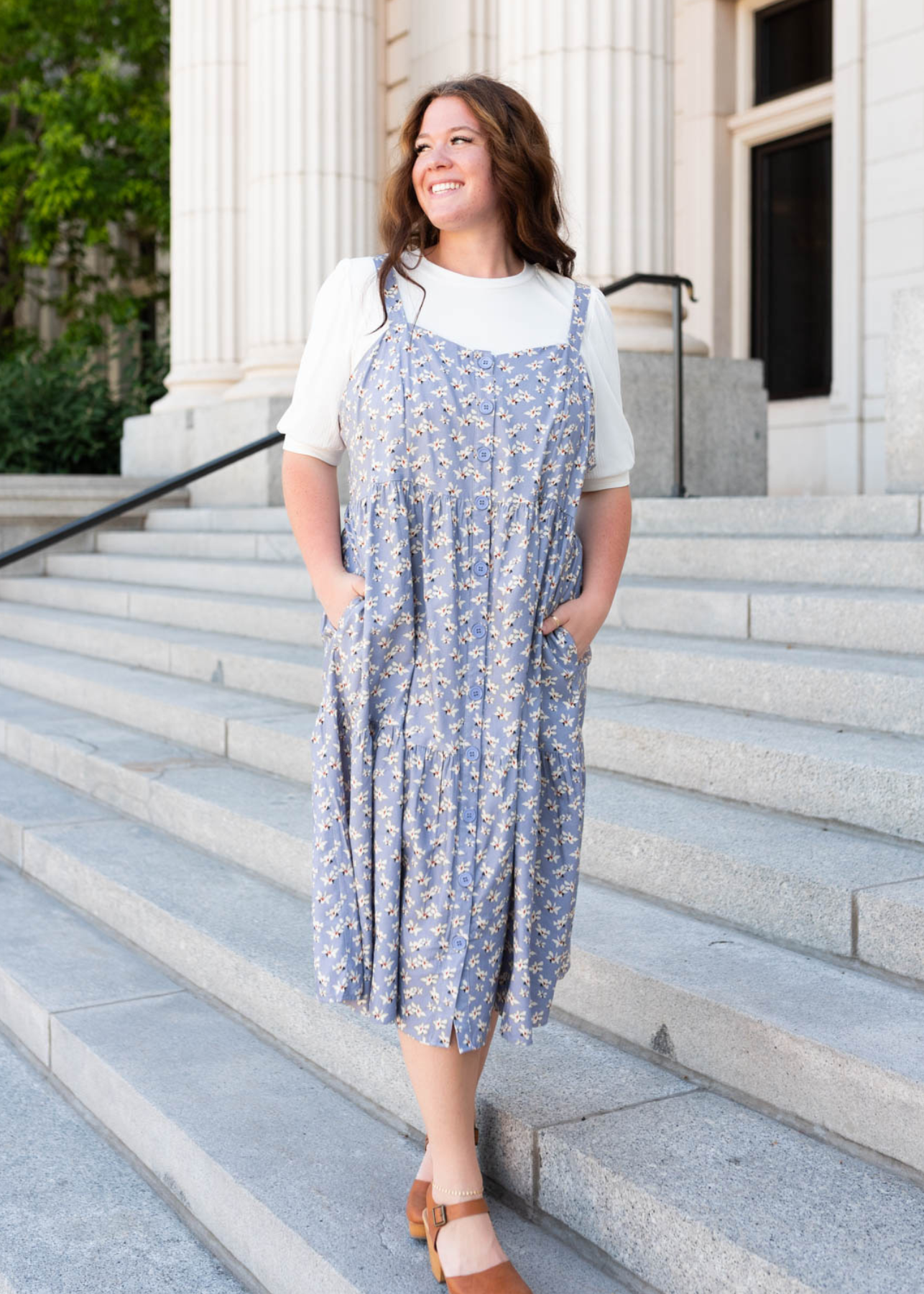 Plus size dusty blue jumper dress with pockets