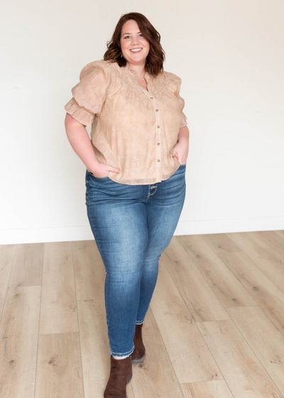 Short sleeve plus size taupe floral blouse