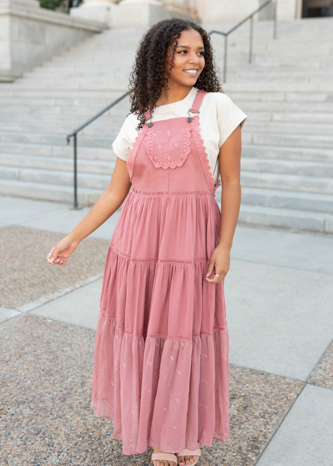 Desert rose overall dress with sheer eyelet fabric on the bottom ruffle