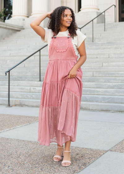 Desert rose overall dress with lace trim