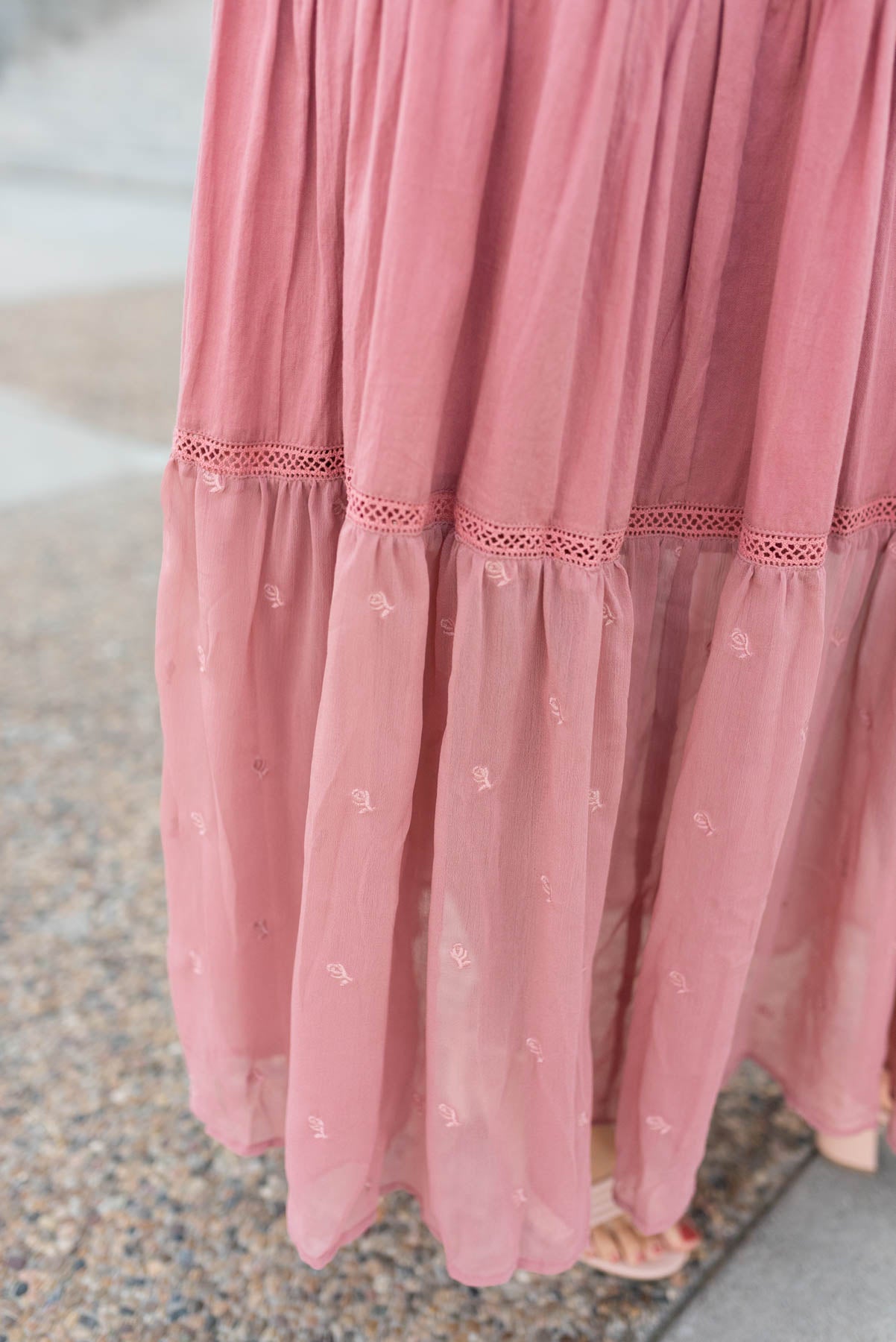 Close up of the two fabrics on the desert rose overall dress