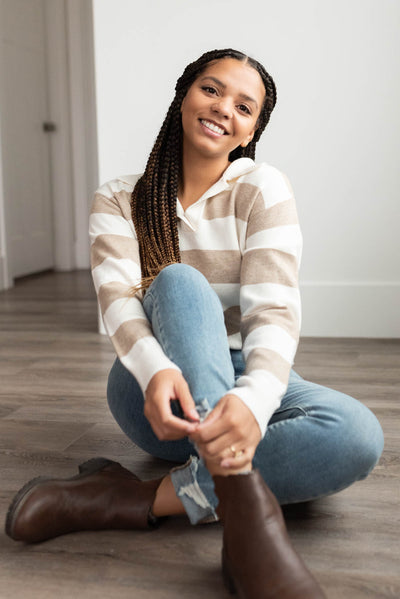 Ivory and taupe stripe collard sweater 