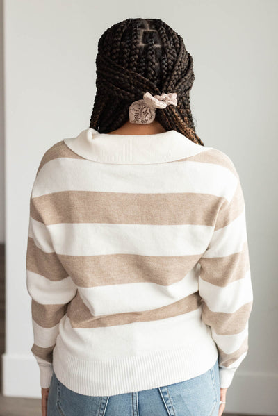 Back view of the taupe stirpe collared sweater