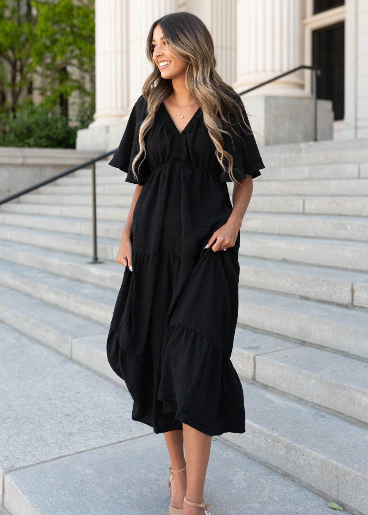 Short sleeve black tiered maxi dress