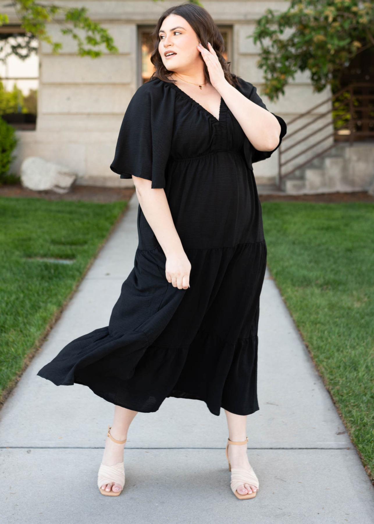 Plus size black tiered maxi dress in 1X