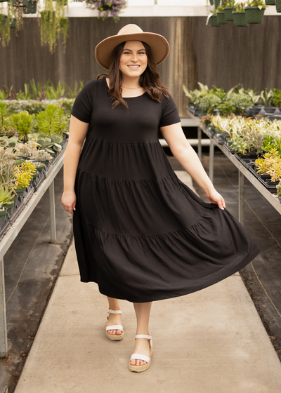 Plus size short sleeve black tiered dress