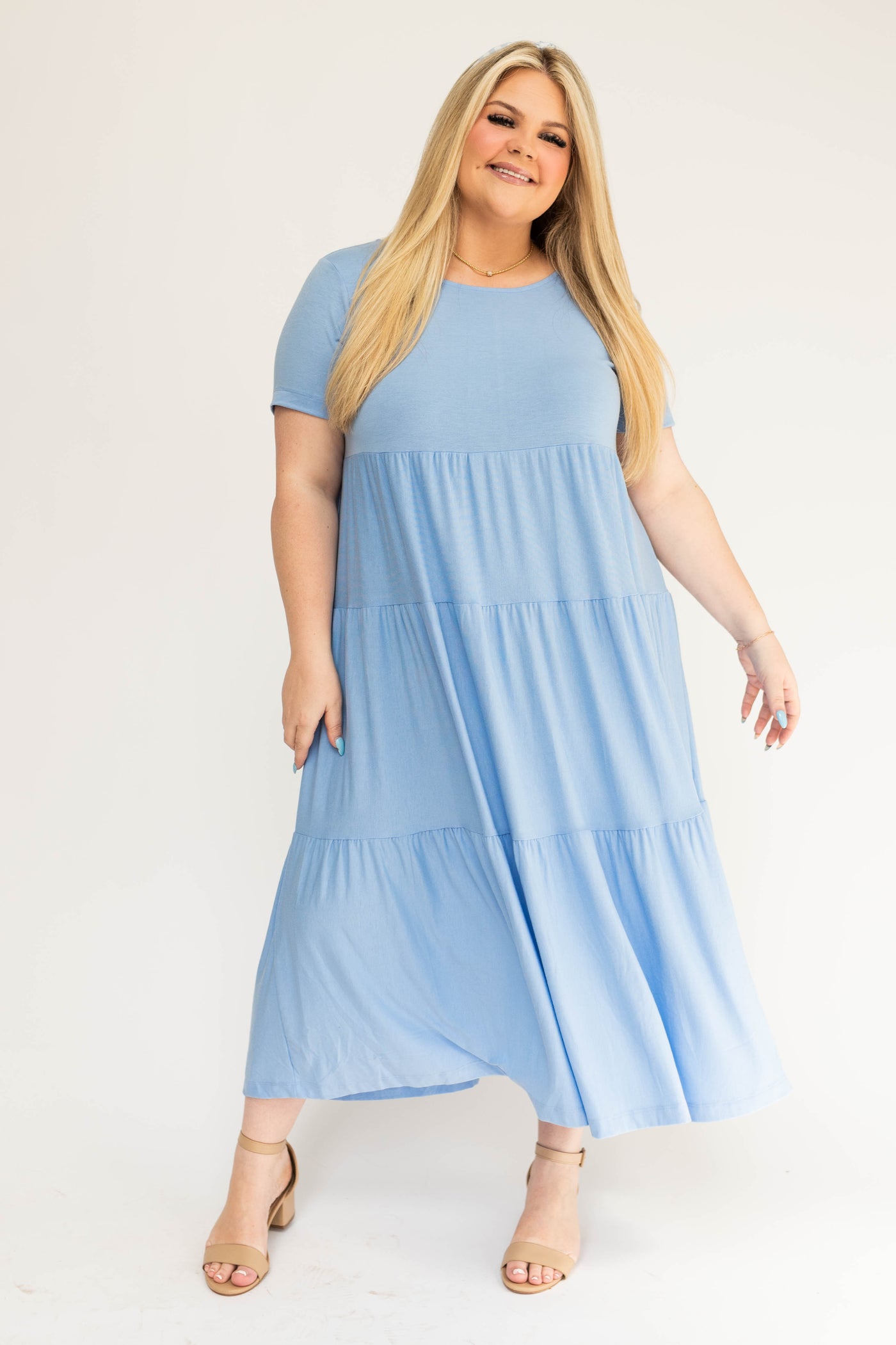 Plus size blue spring short sleeve dress with a tiered skirt