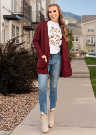 Long sleeve burgundy cardigan with pockets