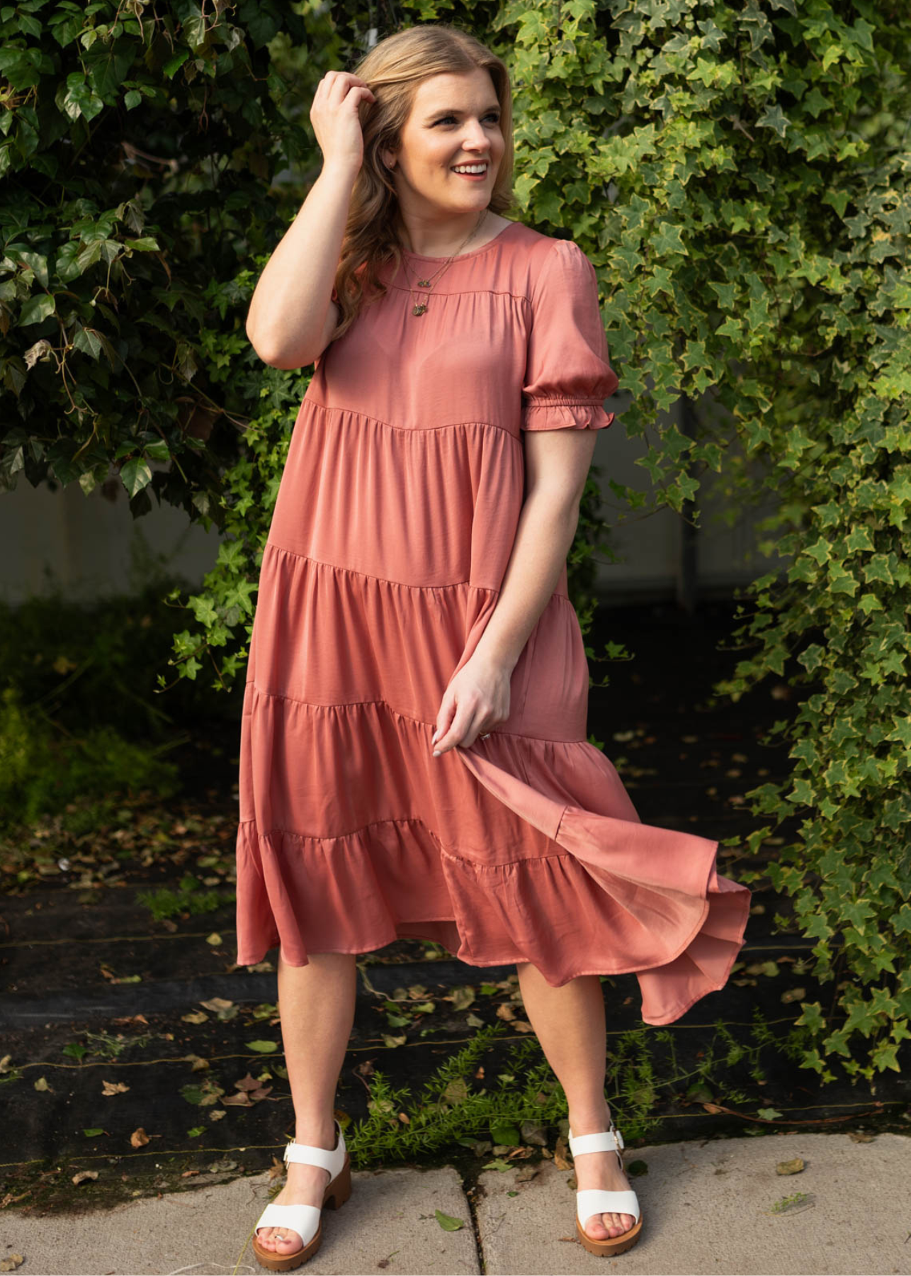 Short sleeve clay satin tiered dress