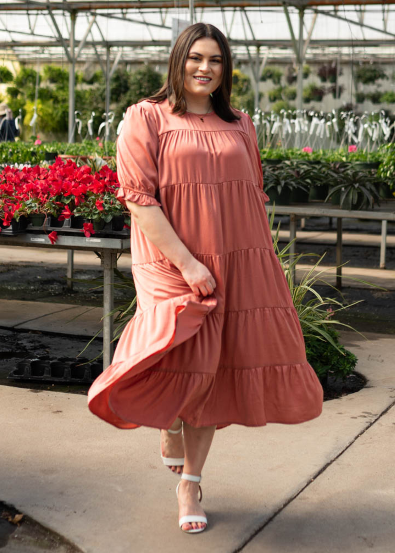 Plus size clay satin tiered dress